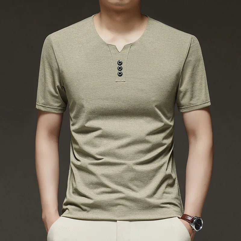 2026 New Men's Business Casual Three Button V-neck Short Sleeved T-shirt Korean Style Summer Comfortable Versatile Top