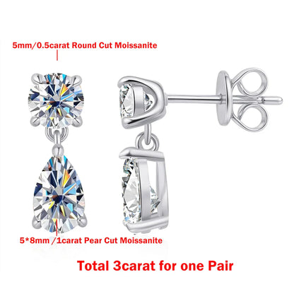 3cttw  Certified Oval/Round Cut Moissanite Diamond Drop Earrings for Women 100% 925 Sterling Silver Stud Earring Fine Jewelry