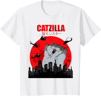 Funny Cute Art Japanese Cat Graphic for Cat Lover Catzilla Tshirts O-neck Women Clothing Streetwear Short Sleeve T Shirt Clothes