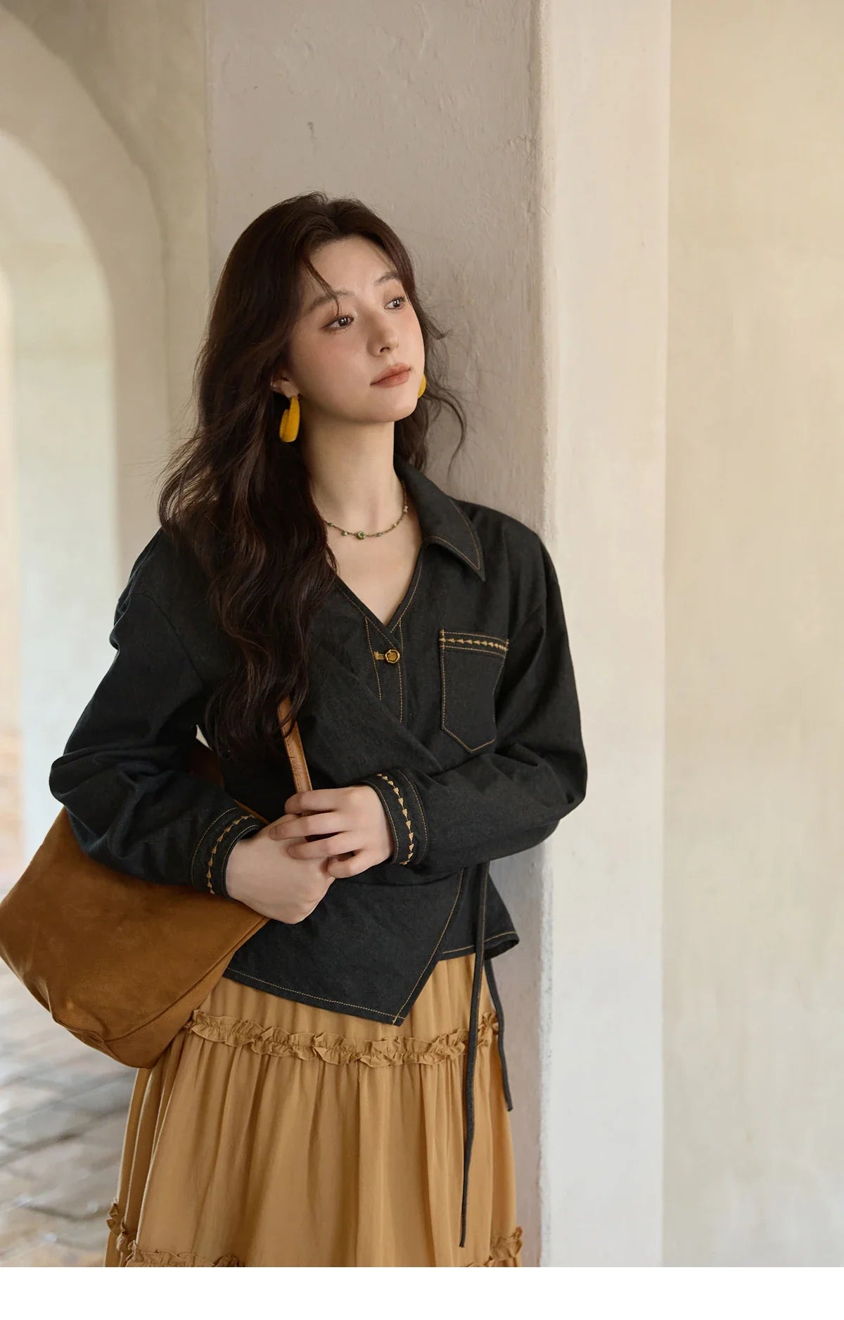 Autumn Retro Black Imitation Denim Shirt 2025 Side Lace-up Solid Shirts Lapel V-neck Retro Button Casual Tops MXE42C2374