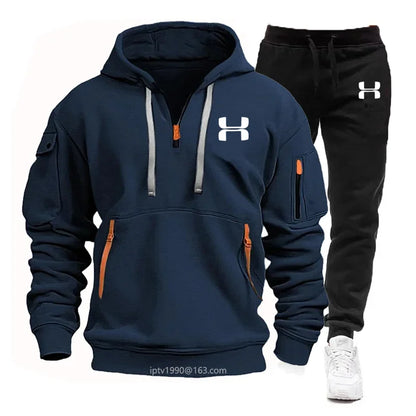 Men new autumn and winter multi-pocket zipper long-sleeved hoodie + sports and leisure pants two-piece fitness jogging suit