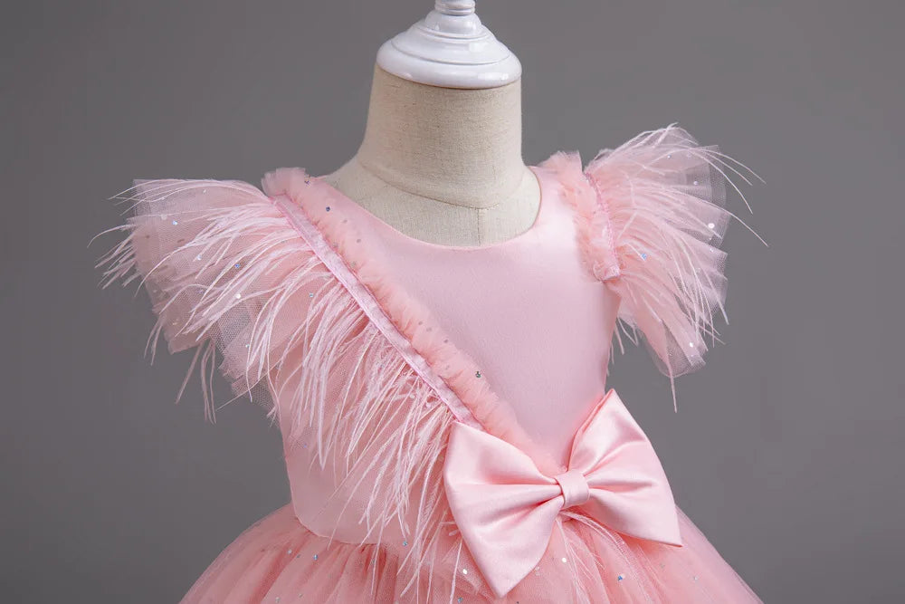 Summer Girls' New Bow Sequin Flying Sleeves Mesh Fluffy Skirt Piano Competition School Graduation Ceremony Dress