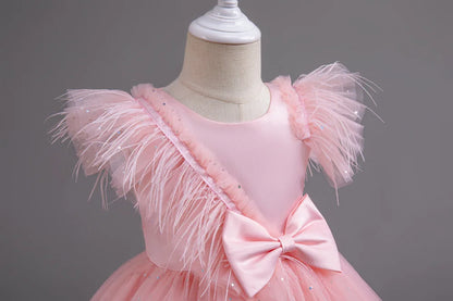 Summer Girls' New Bow Sequin Flying Sleeves Mesh Fluffy Skirt Piano Competition School Graduation Ceremony Dress