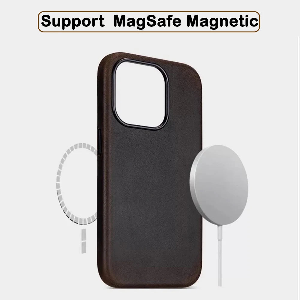 Italian Crazy Horse Genuine Leather Case for iPhone 16 15 17 Pro Max Magnetic Cases Personality Cowhide with MagSafe Phone Cover