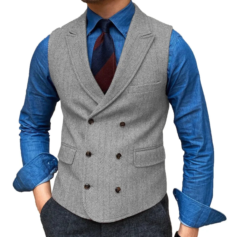 Men Vest Brown Herringbone With Lapel Waistcoat Vintage Regular Slim Business Banquet Business Casual Men Suit Vest