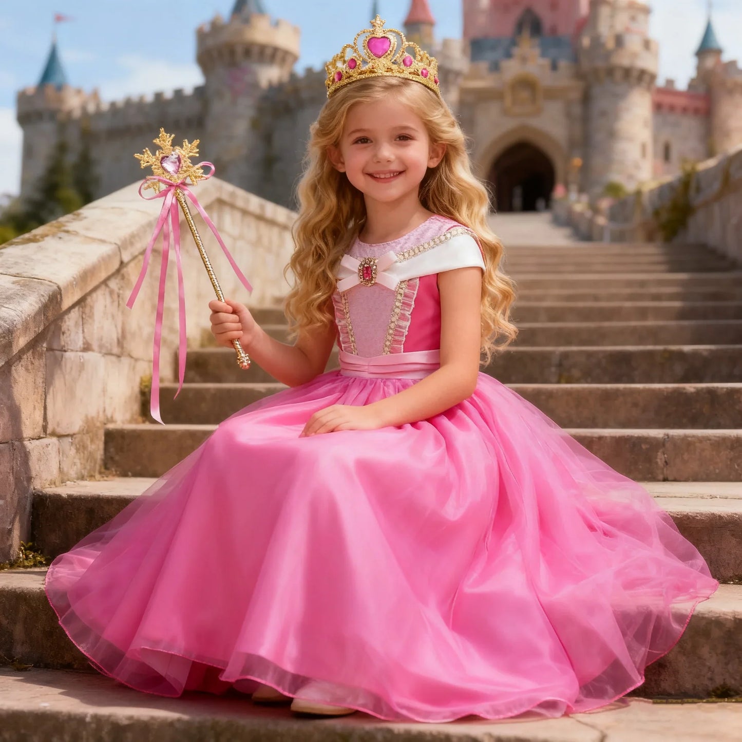 Girl Pink Dress Aurora Kids Cosplay Costume Princess Deluxe Outfit Children Birthday Party Elegant Ball Gown Fairy Disguise Sets