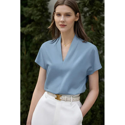 Minimalism 2026 Summer Women's T-shirt Classic Style Casual V-neck Short Sleeve Solid Stretch Female Tops & Tees 12312013