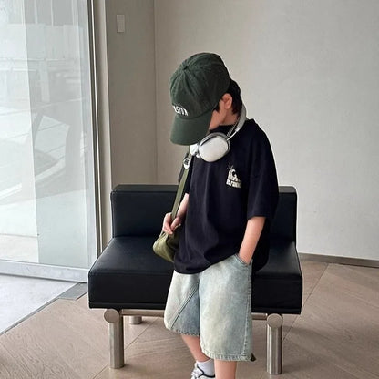 Black Graffiti Letters Pure Cotton Short Sleeve T-Shirt for Tween Boys Loose Fit Summer Youthful Wear Kids Outerwear Clothing