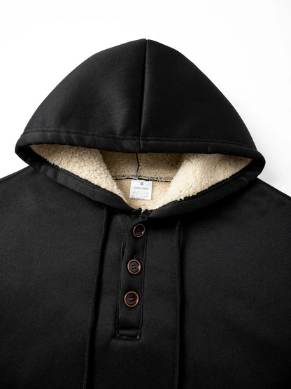 Men's Half Button Hoodie Thicken Winter Hooded Sweatshirts Retro Warm Fleece Knit Sweater Outdoor Running Sports Casual Pullover