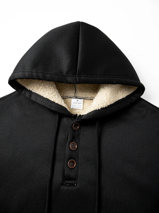 Men's Half Button Hoodie Thicken Winter Hooded Sweatshirts Retro Warm Fleece Knit Sweater Outdoor Running Sports Casual Pullover