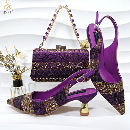 Gold Color Elegant Women Heels Shoes and Bag Set Hollow Rhinestones  High Heels Wedges Shoes Matching Bag