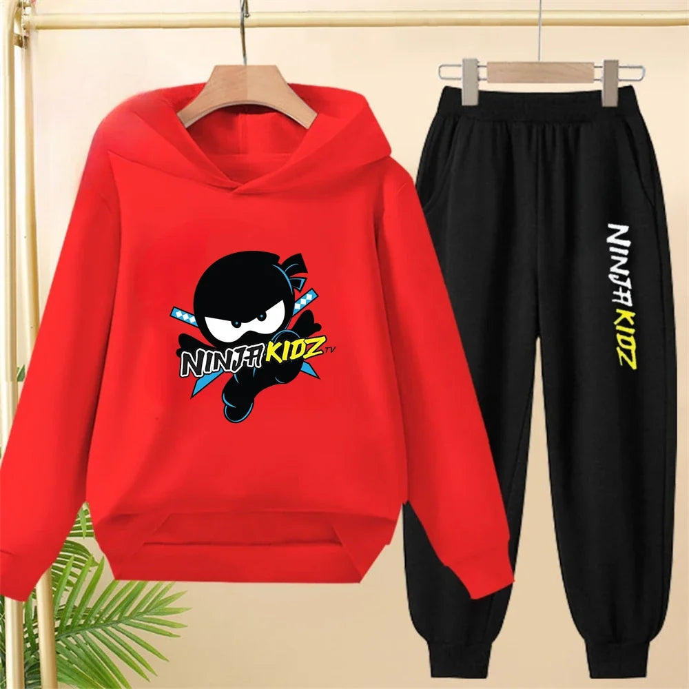 Children Hoodie Child Ninja Print 3-12 Years Old Boys Girls Toddler Coat Top+Pants Stylish Casual Black Sweatshirt Set