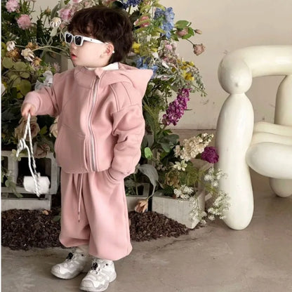 2 Pcs Hooded Set New Kid Clothing 2026 Autumn Winter Korean Boy Fleece Lining Thick Girl Fashion Sports Zipper Cotton Outfits