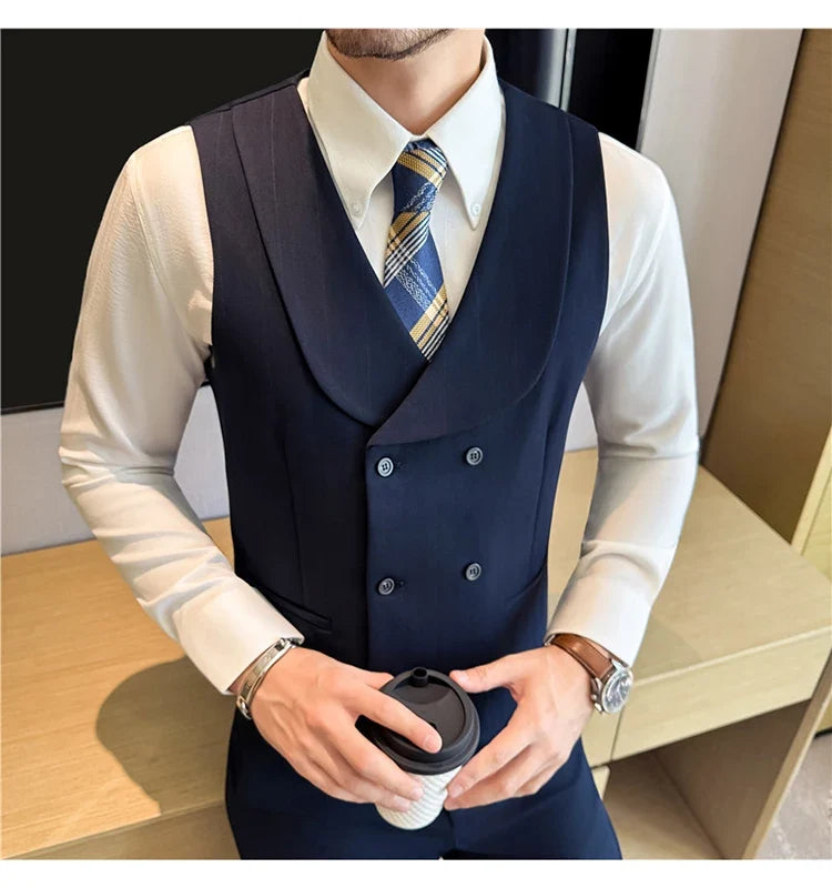 ( Vest+Pants) Autumn Winter Thicken Wool Striped Suit Vest 2 pieces Men Fashion Slim Fit Business Casual Wedding Dress Vest Sets