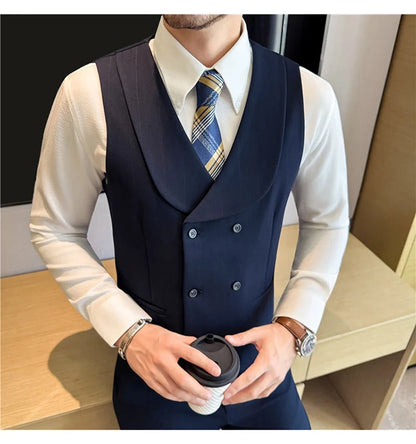 ( Vest+Pants) Autumn Winter Thicken Wool Striped Suit Vest 2 pieces Men Fashion Slim Fit Business Casual Wedding Dress Vest Sets