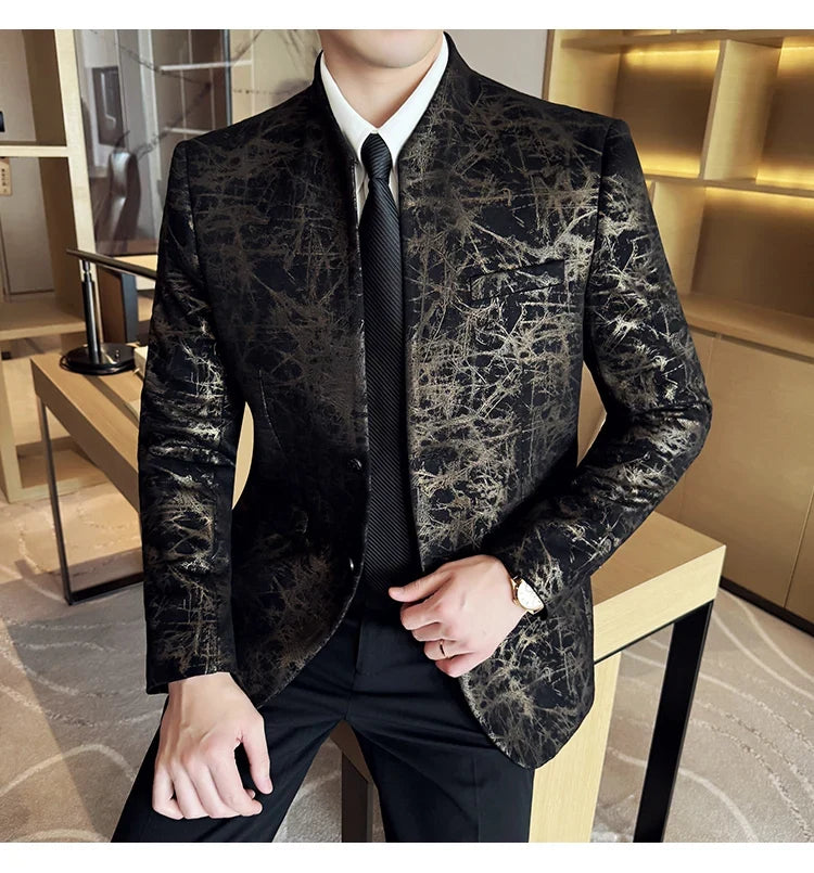 New Chinese Style Stand Up Collar Jacquard Suit Coats Men Slim Business Casual Fashion Suits Jacket Formal Social Party Tuxedos