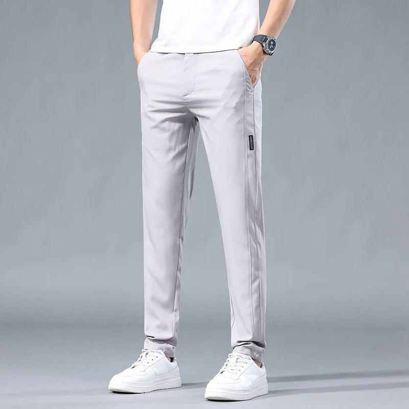 2026 Summer Thin Men's Casual Pants Slim Fashion Business Elastic Waist Work Joggers Sport Trousers Sweatpants Male Green Grey