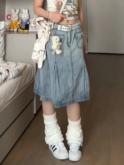 الصيف النساء اليابانية Y2k جماليات 2000s تنورة دنيم متوسطة الطول بقصة على شكل حرف A موضة كورية Kpop Gyaru تنورة جينز Goblin Core Harajuku جديد
