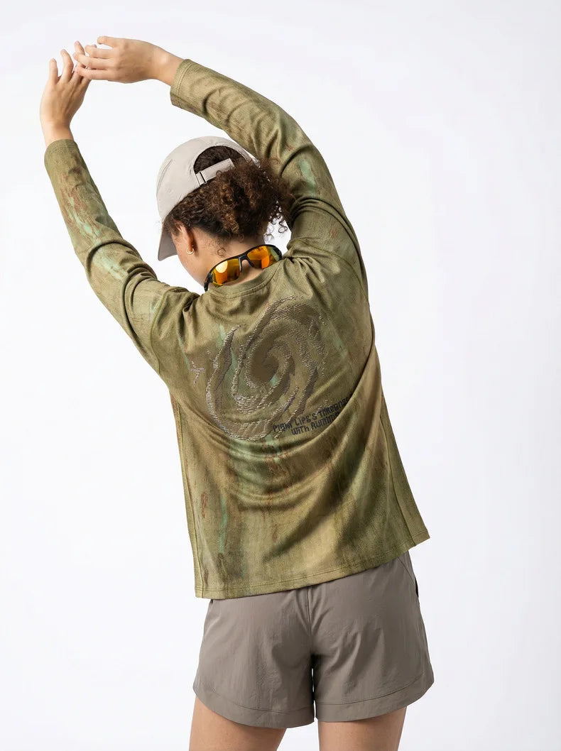 Men's Wasteland Style Long Sleeve T-Shirt - Distressed Digital Print & Loose Elastic Fit Casual Top Unisex