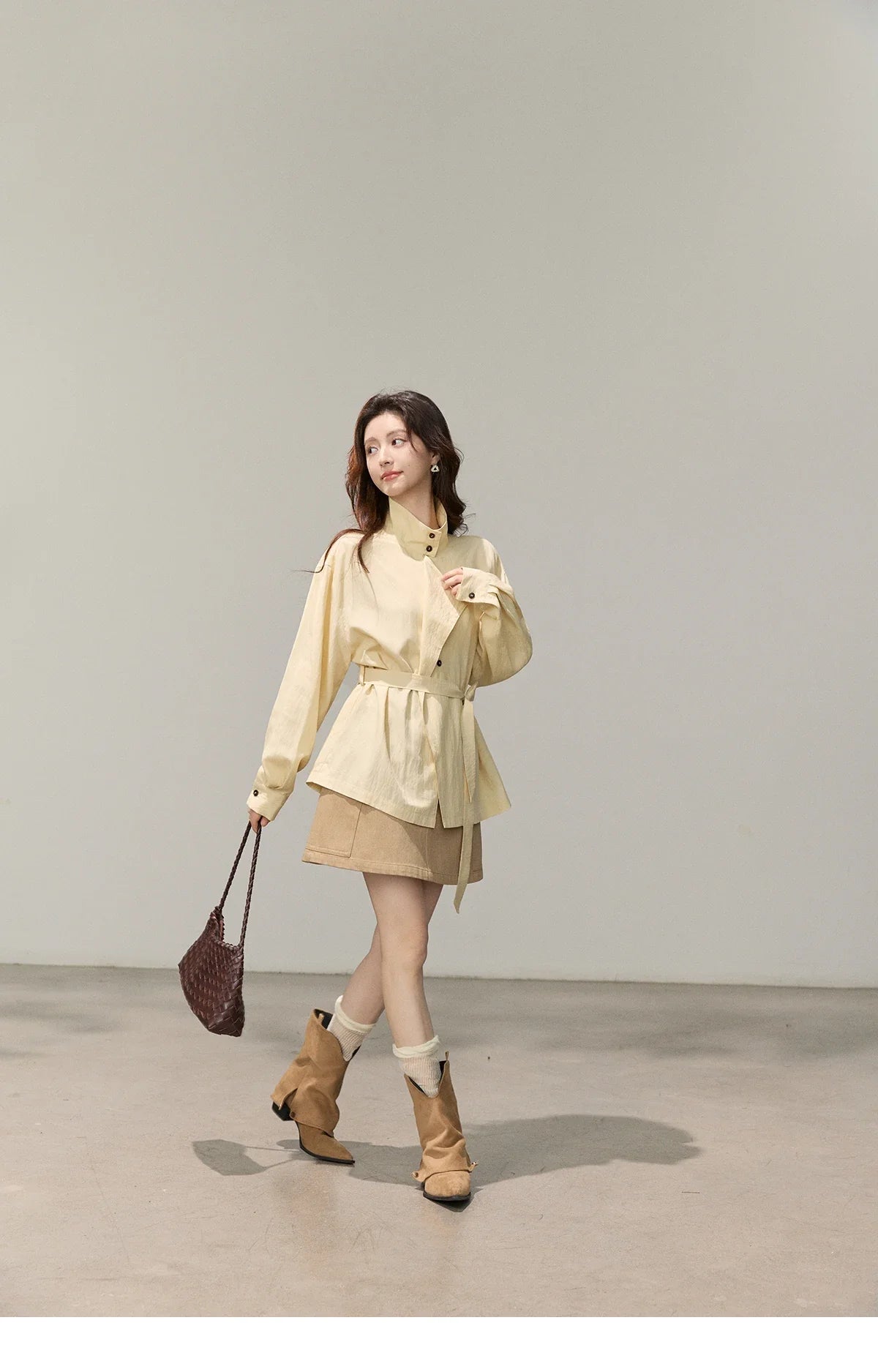 Women's Stand Collar Long Sleeve Shirts Spring Belted Waist Asymmetric Button Tops Casual Loose Solid Shirt MXF13C2459