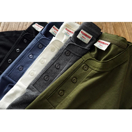 Mens T Shirts  Henry Collar Pure Cotton Solid 5 Color  Summer Short Sleeve Vintage Style Regular Fit 230g/m²