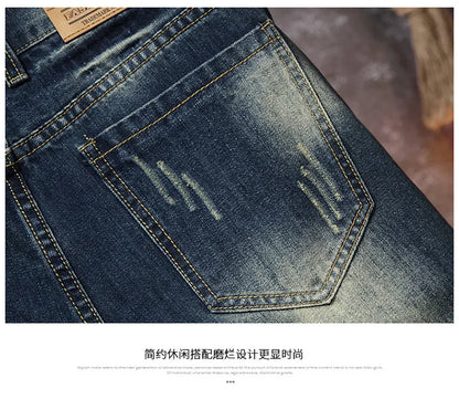 Men's Denim Shorts Retro Distressed Style Trendy Five Quarter Pants Spring and Summer Youth Light Blue