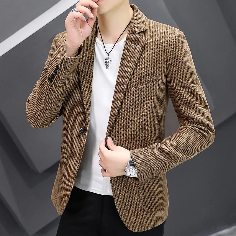 Blazer New Men's Fashion Business Vertical Strip Gentleman Slim Wool Shopping Outdoor Performance Wedding Banquet Casual Blazer