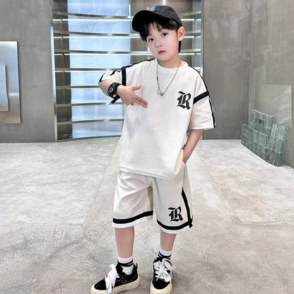 2025 Kids Summer Clothing Boys Top and Bottom Set Beige Black Color T-shirt Shorts 2PCS Tracksuit Set Teens Child Casual Outfit