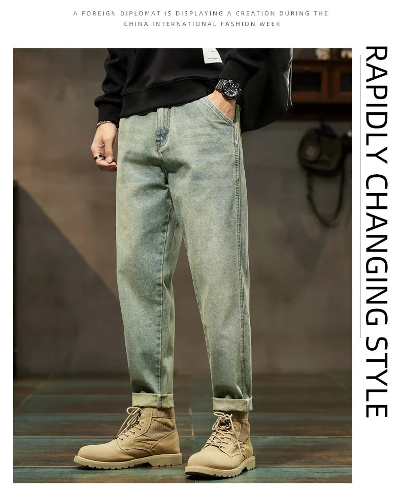 Men's Spring 2026 Loose Harem Pants Denim Retro Solid Comfortable Harajuku Straight Jeans Simple Fashion Versatile Cargo Trouser
