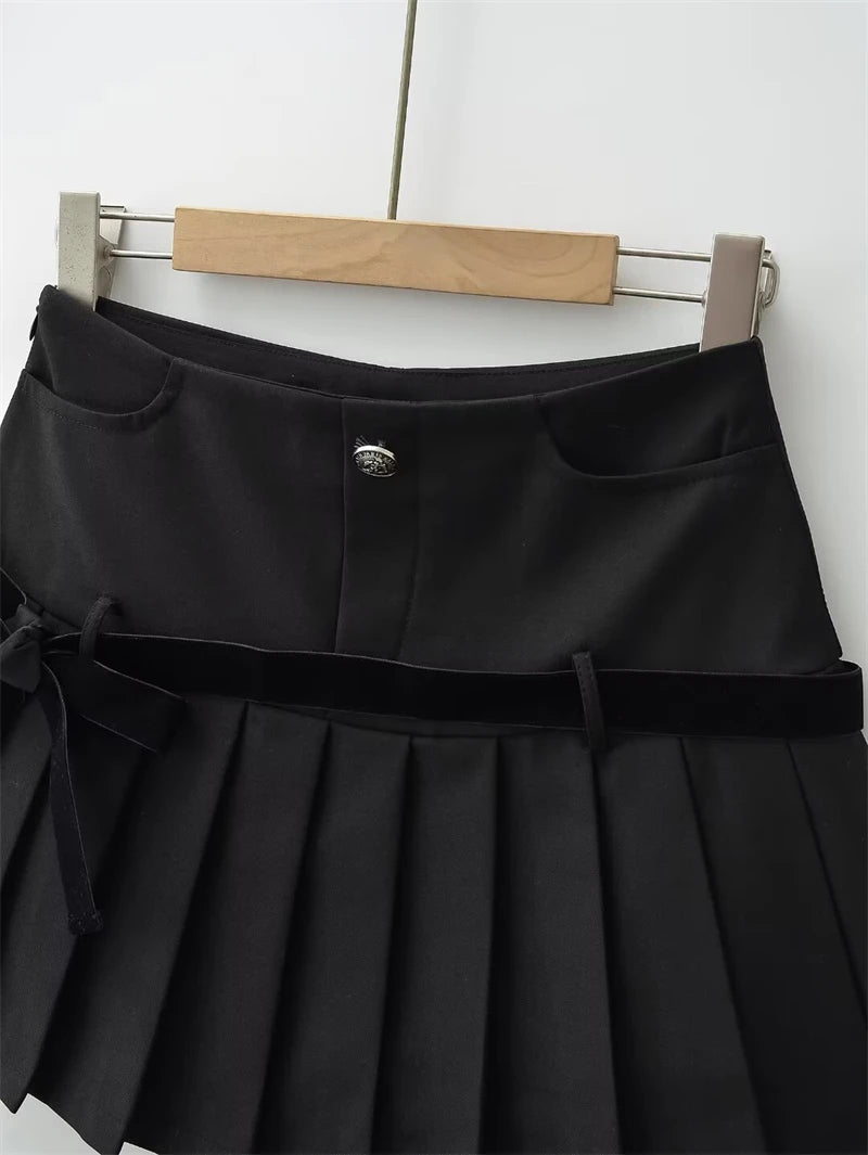 Women's Y2k A-line Pleated Skirt Vintage Plaid Mini Skirt Harajuku Korean Elegant Preppy Style Bow Skirts 2000s Clothes Summer