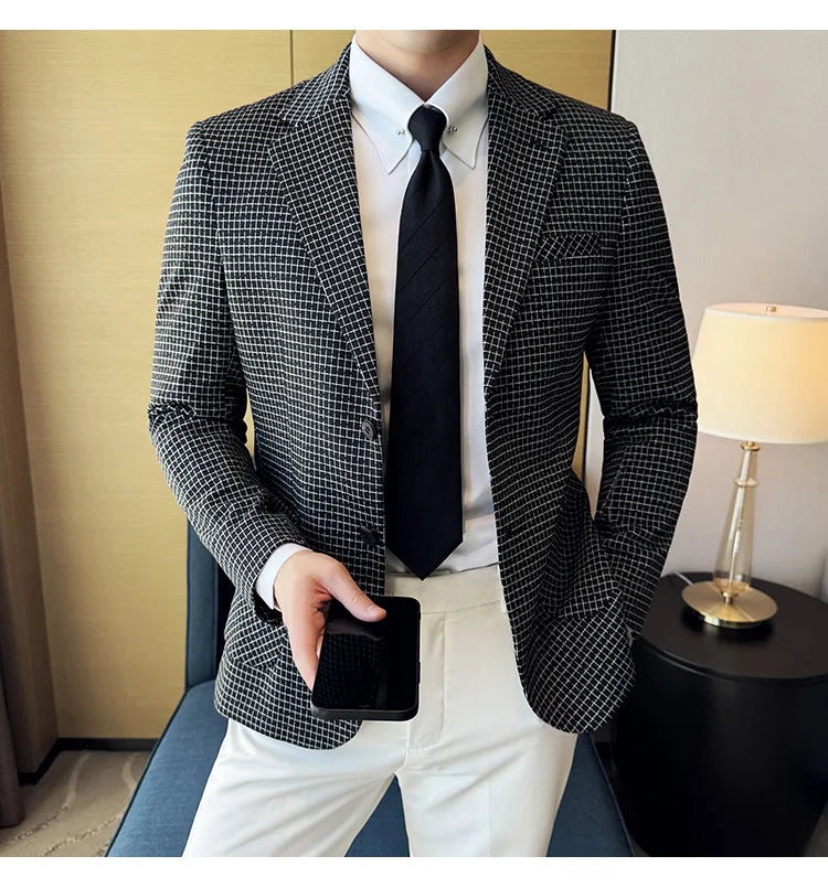 British Style Plaid Suit Jacket For Men 2025 New Business Casual Slim Blazer Formal Wedding Party Suit Dress Coats Men Clothing