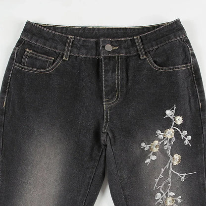 Weekeep Floral Embroidery Jeans Vintage 2000s Low Rise Flared Jeans Women Retro y2k Baggy Denim Pants High Street Basic Trousers