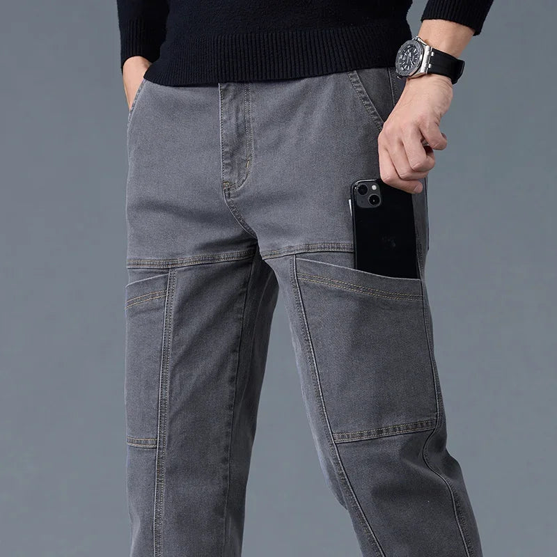 2026 New Style Jeans Men's Slim Fit Korean Style Comfortable Straight Leg Elastic Gray Mid Waist Pants Men's Casual Denim Pants
