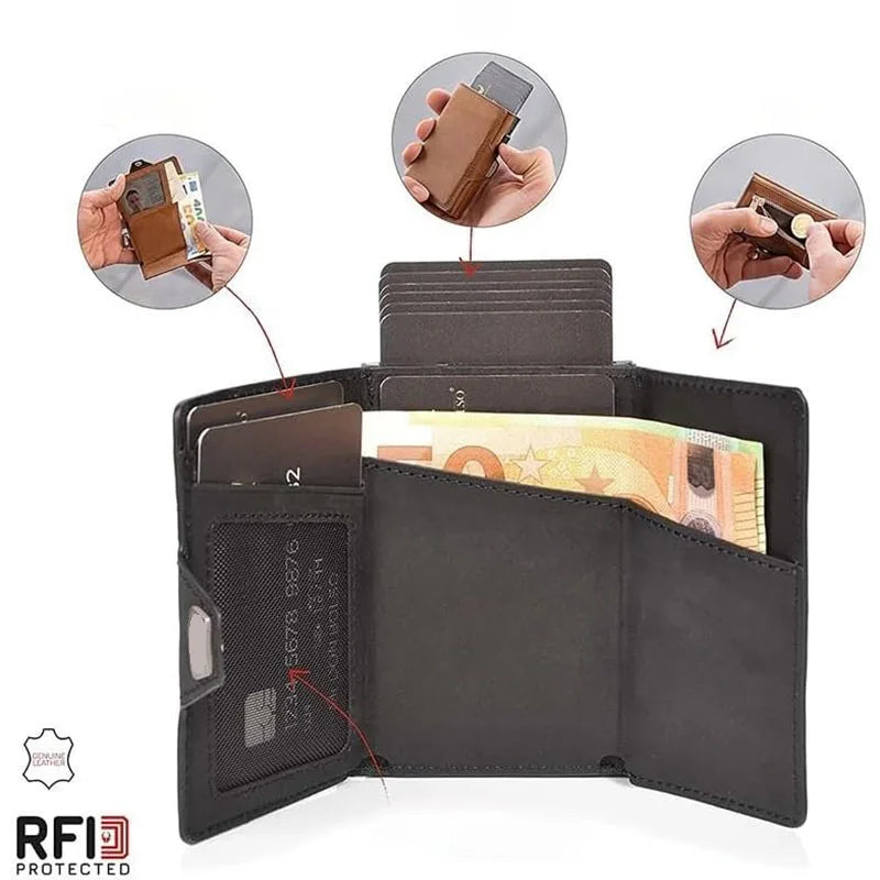 Pop-Up RFID Slim Card Holder Wallet for Men Minimalist Leather Credit Card Wallet with Cash Slot Coin Pocket EDC Travel Wallet