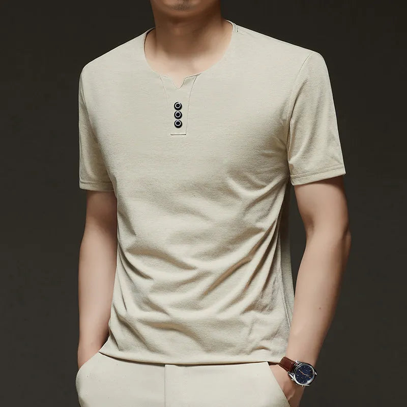 2026 New Men's Business Casual Three Button V-neck Short Sleeved T-shirt Korean Style Summer Comfortable Versatile Top