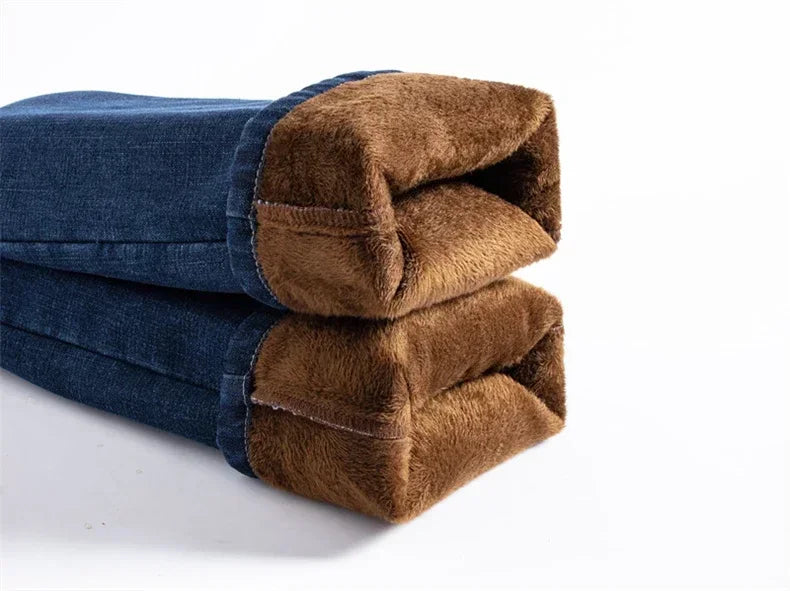 Winter Fleece Men's Casual Jeans Stretch Fashion Cotton Thick Plush Warm Denim Trousers Male Brand Pants Plus Size 42 44 46