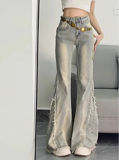 Vintage Casual Trashy Flared Pants Women's Y2K Tassels Full Length Denim Trouser Street Retro Grunge 2000s High Waist Jeans