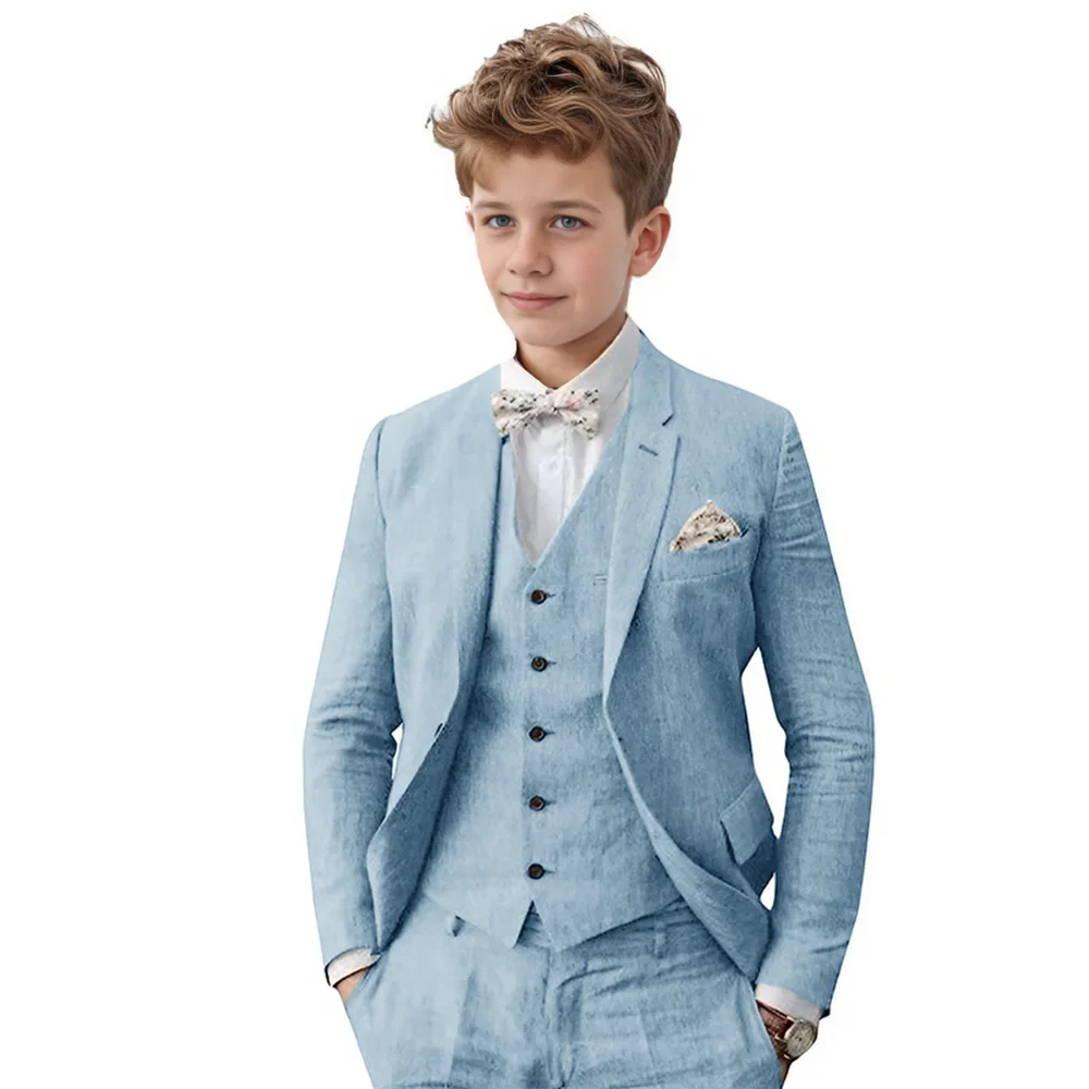 Breathable Linen Boys Suit Set 3 Pieces For Wedding Party,Notched Lapel Kids Suits Piano Performance Outfit Toddler 3-16Y