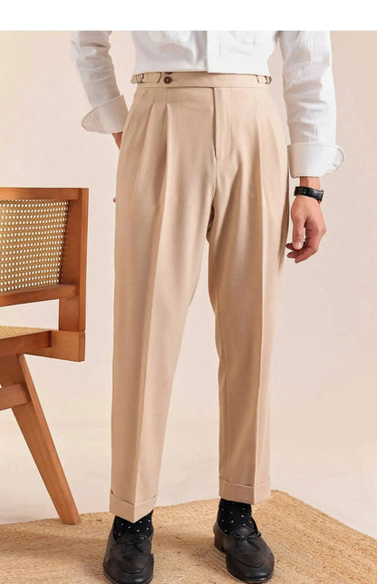 2025 New Italian Style Double Pleated Neapolitan Mens Formal Pants Casual Business Straight Leg High Waist Office Trousers Men