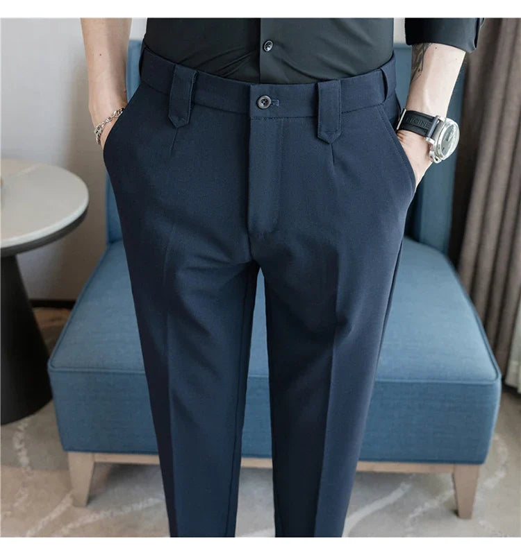 Elastic Waist Solid Color Suit Pants Men Formal Slim Fit Business Casual Trouser High Quality Social Wedding Fashion Dress Pant