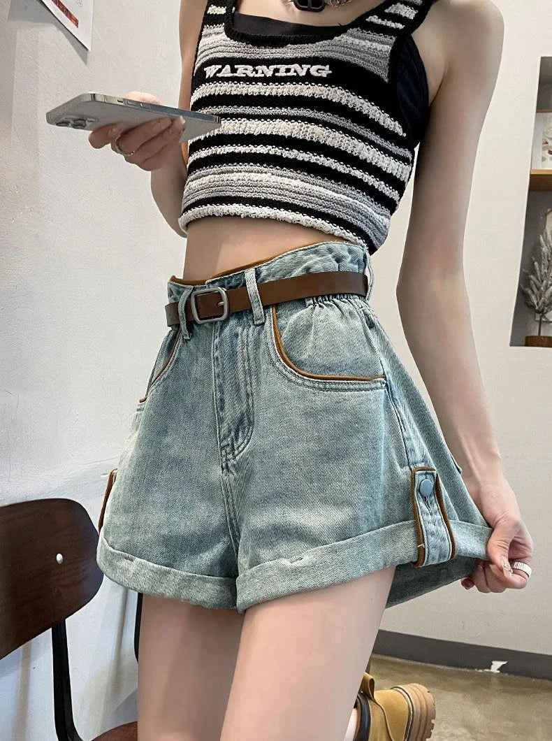 Wide Baggy Women's Denim Shorts Loose With Waist Pocket Female Short Jeans Pants Casual Harajuku Fashion Korean Style Kpop Hot