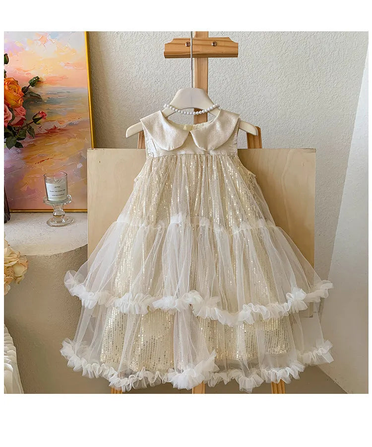 Sweet Baby Girls High-end 2026 New Summer Mesh Princess Sundress Kids Exquisite Sequin Doll Collar Tulle Ruffle Cake Formal Gown