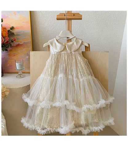 Sweet Baby Girls High-end 2026 New Summer Mesh Princess Sundress Kids Exquisite Sequin Doll Collar Tulle Ruffle Cake Formal Gown