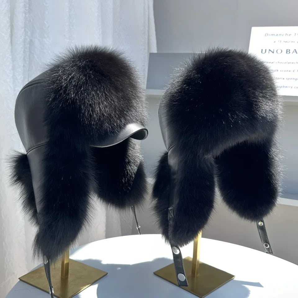 100% genuine fox fur ear-protecting hat Men real raccoon fur bomber hat Women winter warm fur real sheep leather snow hat