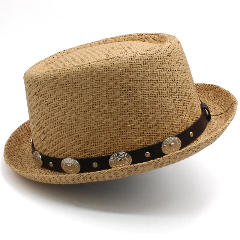 Men Women Straw Pork Pie Hats Summer Sunhat Boater Caps Sailor Sombrero Beach Fedora Trilby Outdoor Travel US Size 7 1/4 UK L