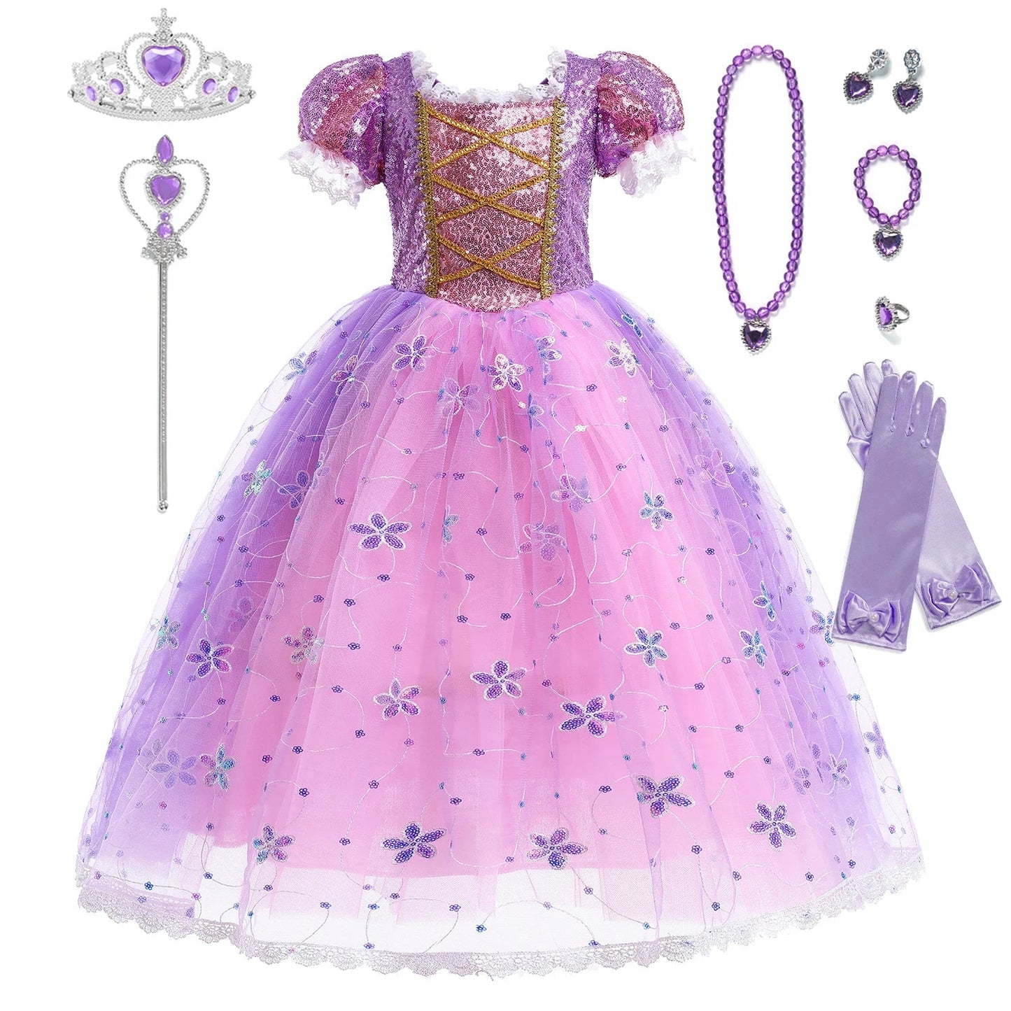 Girl Rapunzel Dress Kids Carnival Princess Costume Children Luxury Print Ball Gown Lace Sequin Gradient Fluffy Frocks