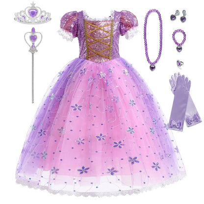 Girl Rapunzel Dress Kids Carnival Princess Costume Children Luxury Print Ball Gown Lace Sequin Gradient Fluffy Frocks
