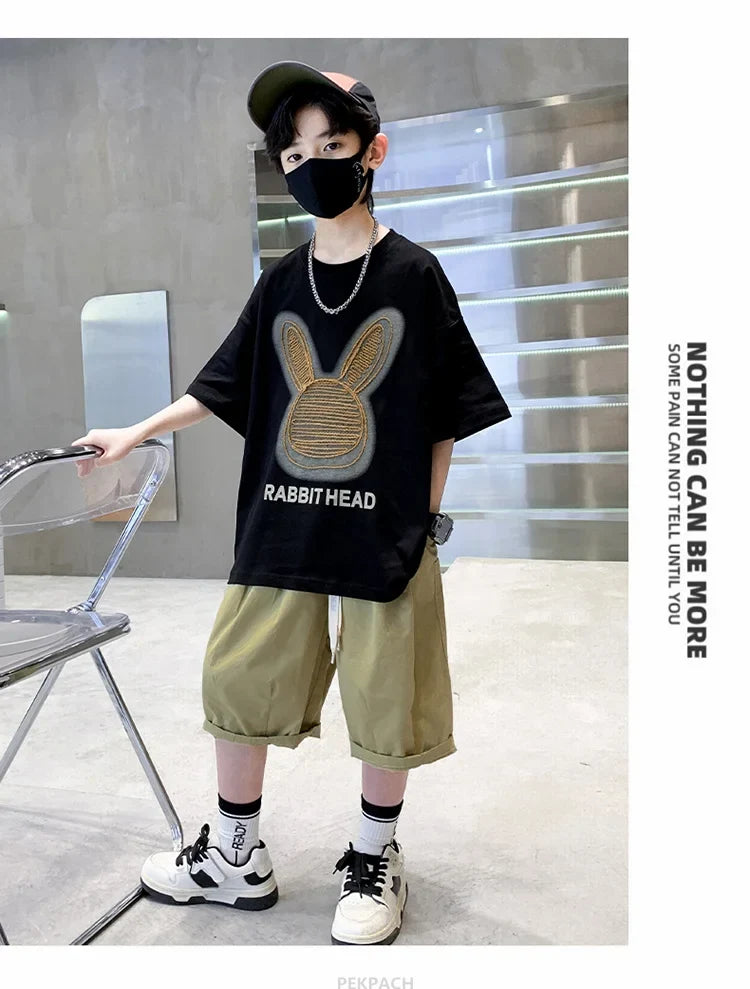 Cartoon Rabbit Boys Summer Clothing Two Piece Set Outfits Short Sleeved T-shirt Shorts Tracksuits Kids Children Casual Costumes