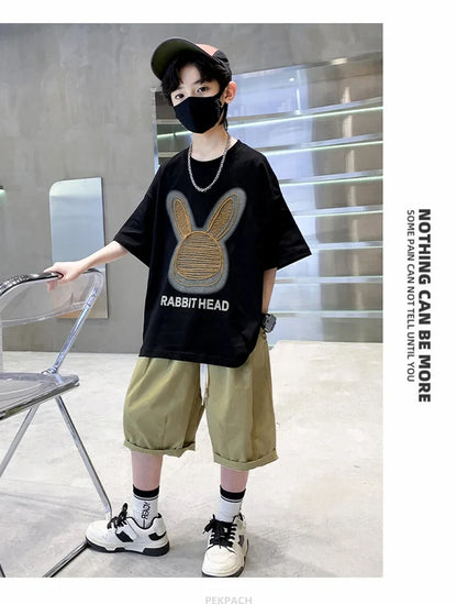 Cartoon Rabbit Boys Summer Clothing Two Piece Set Outfits Short Sleeved T-shirt Shorts Tracksuits Kids Children Casual Costumes
