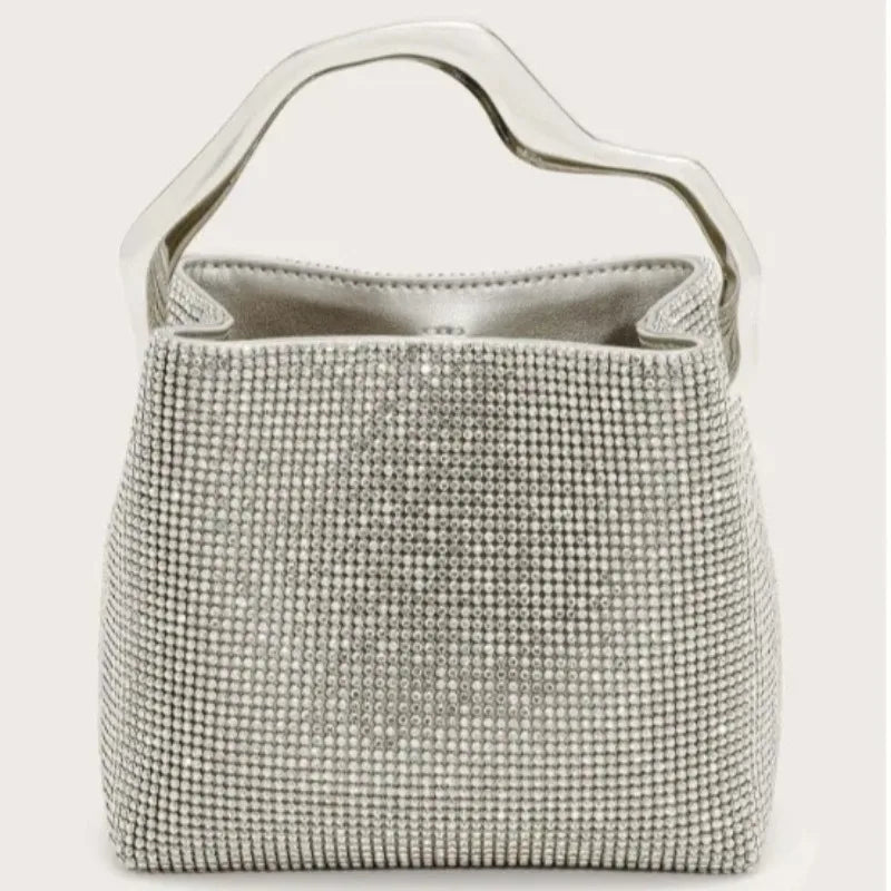 Luxury Satin Bucket Bag Women's Handbag Crystal Shiny Rhinestone Diamond Evening Bag Wedding Party Clutch Purse Crossbody Bag
